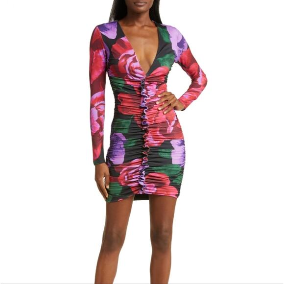 NEW Afrm Phillipa Floral Printed Ruched Long Sleeve Stretch Bodycon Dress - Picture 1 of 12